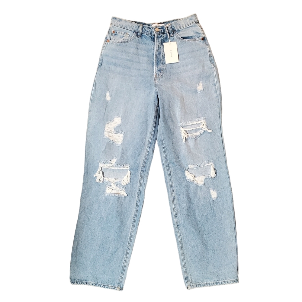 Cello Jeans Womens Juniors 7 Blue High Rise Straight Leg Distressed Jeans